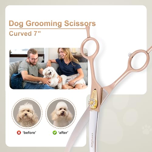 7'' Curved Dog Grooming Scissors, Professional Japanese 440C Stainless Steel Pet Grooming Shears with Silencer for Dogs and Cats, Sharp & Ergonomic Hair Trimming Scissors for Face, Paws & Body - size: 7‘’, style: Curved
