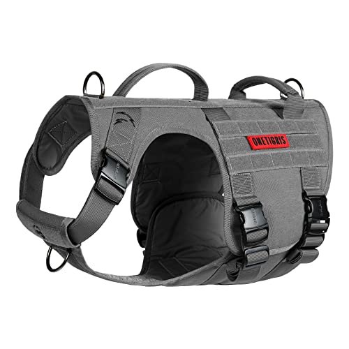 OneTigris Tactical Dog Harness with 5X Metal Buckle,Dog MOLLE Vest with Handle,No Pulling Front Clip,Hook and Loop Panel for Dog Custom Patch (M, Grey) - color: Grey, size: M