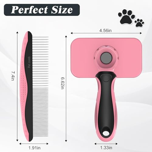 2PCS Self Cleaning Slicker Brush & Dog Comb - Skin Friendly Deshedding Grooming Tool for Dogs, Cats and Small Animals, Professional Deshedding Dematting Tool for Long and Short Haired Pets (Pink) - color: Pink