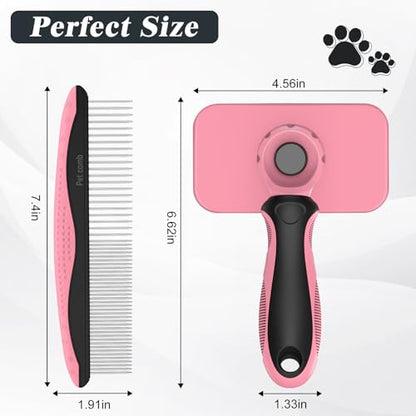 2PCS Self Cleaning Slicker Brush & Dog Comb - Skin Friendly Deshedding Grooming Tool for Dogs, Cats and Small Animals, Professional Deshedding Dematting Tool for Long and Short Haired Pets (Pink) - color: Pink