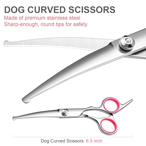 Dog Grooming Scissors Kit, Premium Stainless Steel Dog Shears with Curved Shears, Sharp Durable for Dogs Cats+Pink 4 Piece - color: Pink 4 Piece