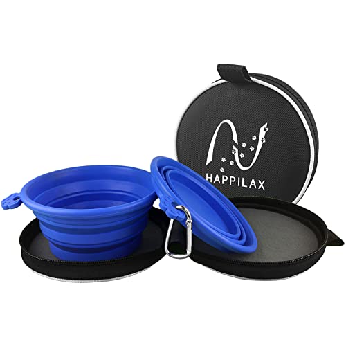 Travel Dog Bowl Set - 2 Foldable Silicone Food and Water Bowls with Carabiners and Bag - Collapsible Feeding Bowls for Wet and Dry Food - 680ml Capacity - Available in Black and Blue