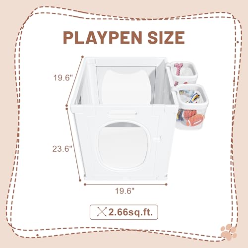 Dog Playpen with Storage Basket, 4 PCS 23.6" H Clear Acrylic Puppy Playpen with Dog Head Shape, Foldable Cat Playpen Indoors Outdoors with Door Gate for Small & Medium Pet Rabbit, Duck, Chick