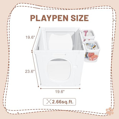 Dog Playpen with Storage Basket, 4 PCS 23.6" H Clear Acrylic Puppy Playpen with Dog Head Shape, Foldable Cat Playpen Indoors Outdoors with Door Gate for Small & Medium Pet Rabbit, Duck, Chick