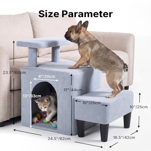 Veehoo 3 in 1 Dog Cat Stairs for Bed Couch, Small Steps Non Slip for Older Dogs Cats to Get on Bed Portable with Cave Condo and Cushioned Foot Stool, Pet Steps Cat Ramps Indoor for Senior Cats Dogs