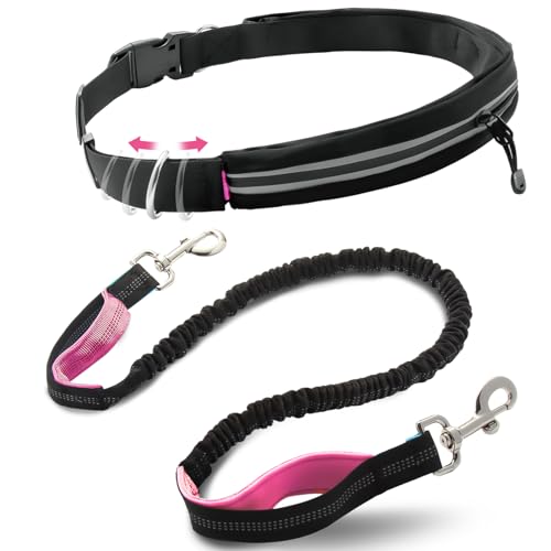 Caudblor Waist Leash for Medium Large Dog Walking, Bungee Hands Free Leash with Zipper Pouch, Around The Waist No Pull Running Dog Belt, Padded Handle Jogging No Hands Heavy Duty - color: Rose