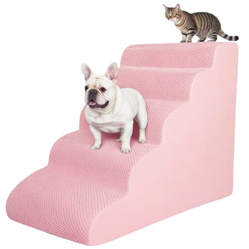 5 Step Pet Stairs Ramp for High Beds Sofas 23-30 Inch with Sturdy Non Slip Waterproof Pads, Machine Washable Cover Indoor Balanced Design for Cats Dogs Small Medium Large XL Pets Pink, Large - color: Pink