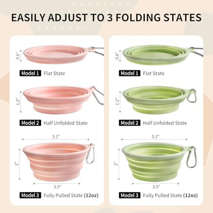 Collapsible Dog Bowls 2-Pack, Portable Travel Dog Bowl with Carabiner, Food-Grade Silicone Pet Bowl for Hiking, Walking (Macaron Pink and Green) - color: 12 OZ Macaron Pink and Green