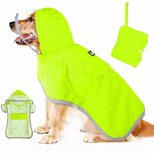 Lukovee Dog Raincoat, Adjustable Dog Rain Jacket with Clear Hooded Double Layer for Large Medium Small Dogs Puppies, Waterproof Rain Coat Poncho with Reflective Storage Pocket & Rim(VL,L) - color: Green, size: Large