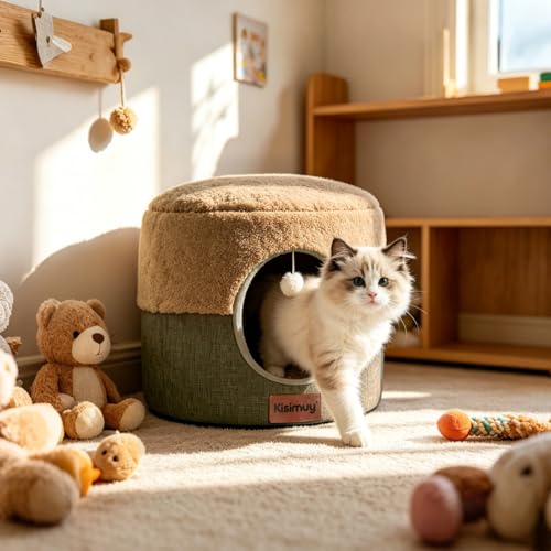 Cozy Cat Bed Cave for Indoor Cats,with Reversible Plush Cushion | 15.7"D x 13"H, 2-in-1 Convertible Kitten Bed, Hanging Cat Toys, Linen Fabric, Non-Slip, Small Cat House, Brown - color: Brown, size: S-1Pack:15.7"Lx15.7"Wx12.9"H