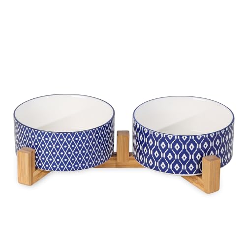Selamica Ceramic 30 OZ Dog Bowls with Wooden Stand, Anti-Slip Dog Dishes Set for Cats & Small Dogs, Weighted Pet Bowls Set of 2, Vintage Blue - color: Vintage Blue A, size: 30 oz