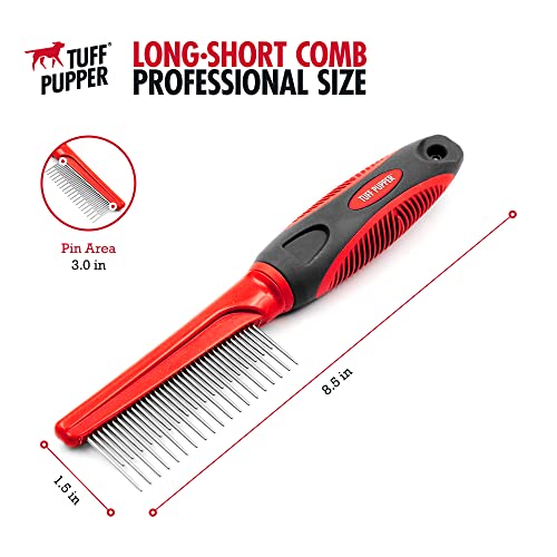 Tuff Pupper Dual Length Detangling Dog Comb | Short and Long Teeth Outer & Inner Coat | Ergonomic Pet Detangling Combs | No-Slip Safety Handle For Precision Control | Rounded Tips Prevent Scratching