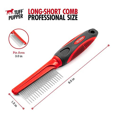 Tuff Pupper Dual Length Detangling Dog Comb | Short and Long Teeth Outer & Inner Coat | Ergonomic Pet Detangling Combs | No-Slip Safety Handle For Precision Control | Rounded Tips Prevent Scratching