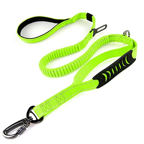 No-Pull Shock Absorbing Bungee Leash for Large Dogs, 4-6 FT Heavy Duty Dog Leash with Traffic Handle & Seat Belt Buckle, Reflective, Up to 150 Lbs - color: Fluorescent Green
