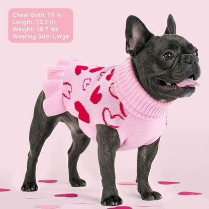 cyeollo Valentines Dog Sweater Dress, Warm Turtleneck Dog Sweaters for Small Dogs Girl, Knitted Pullover Small Dogs Sweaters, Stretchy Comfy Pet Clothes with Pink Heart Pattern and Leash Hole, S - color: 1# Valentine's Sweater Dress, size: Small