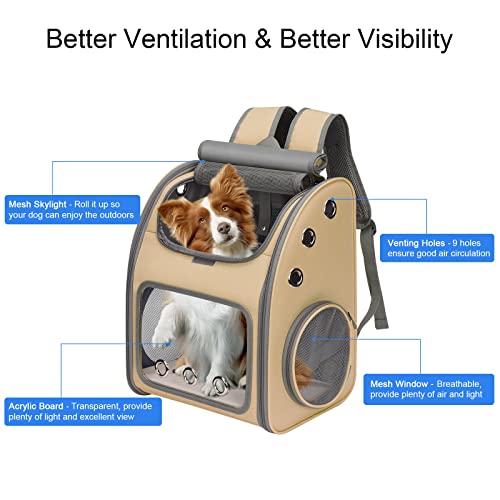 Expandable Cat Backpack Carrier for Cats & Small Dogs Up to 18 lbs | Portable Pet Travel Carrier, Super Ventilated Design, Airline Approved, Ideal for Traveling/Hiking/Camping, Khaki - color: Khaki-Standard