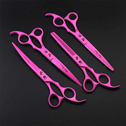 Purple Dragon Professional 7.0 inch 4PCS Pet Grooming Scissors Kit Japan Premium Steel Straight & Curved & Thinning Blade Dog Hair Cutting Shears Set with Case - color: Pink
