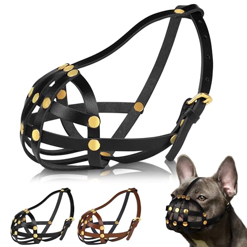 OOPSDOGGY French Bulldog Dog Muzzle for Short Snout Dog - Leather Breathable Secure Basket Muzzle for Frenchie Prevents Biting No Chewing Adjustable (Black) - color: Black