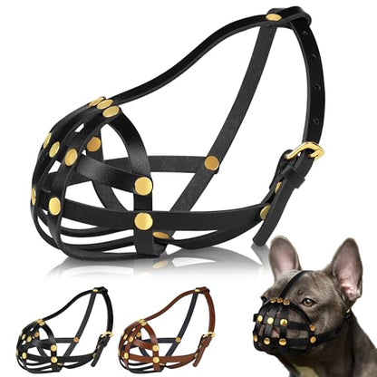 OOPSDOGGY French Bulldog Dog Muzzle for Short Snout Dog - Leather Breathable Secure Basket Muzzle for Frenchie Prevents Biting No Chewing Adjustable (Black) - color: Black