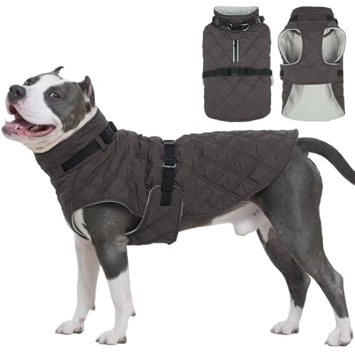 Kuoser Dog Coat Warm Fleece Lining Turtleneck Dog Jacket with Harness Built-in, Adjustable Windproof Cold Weather Coats with Quick Release Buckle Pet Winter Snowsuit for Extra Large Dogs, Grey 2XL - color: Grey, size: Xx-large (Chest Girth: 35.4")