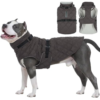 Kuoser Dog Coat Warm Fleece Lining Turtleneck Dog Jacket with Harness Built-in, Adjustable Windproof Cold Weather Coats with Quick Release Buckle Pet Winter Snowsuit for Extra Large Dogs, Grey 2XL - color: Grey, size: Xx-large (Chest Girth: 35.4")