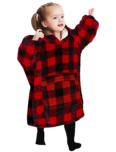 KFUBUO Wearable Blanket Hoodie for Kids Toddlers Sherpa Blanket Sweatshirt With Pocket Cute Hoodies 2-6 Year Old Girl Boy Red Plaid - color: Red Plaid, size: Kids 2-6YR