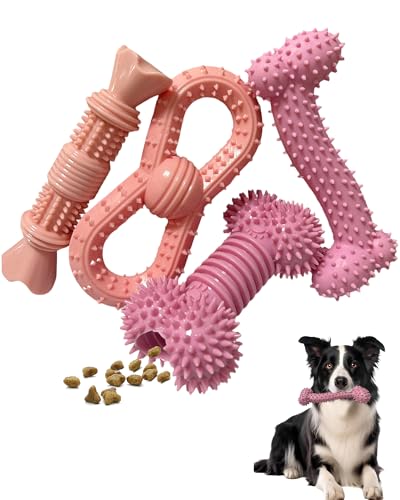 4 Pack Teething Toys Dog Durable Chew Toys Soft Rubber Toy Dog Teeth Cleaning Toothbrush Toy Cute Interactive Toys for Medium Large Breed(Medium,Pink)