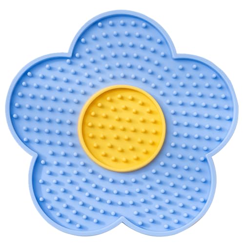 Silicone Lick Mat with Suction Cups Flower Shape Slow Feeder Pad for Dogs Cats Grooming Bathing - color: Blue