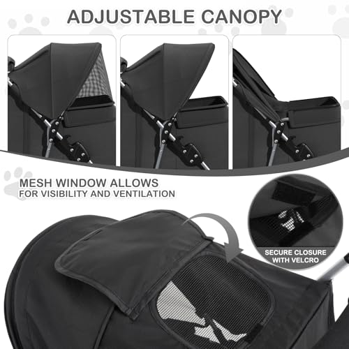MoNiBloom Foldable Pet Stroller with Weather Cover, 3 Wheels Pet Strolling Cart for Small/Medium Dogs and Cats with Storage Basket and Cup Holder, Breathable and Visible Mesh for All-Season, Black - color: Black