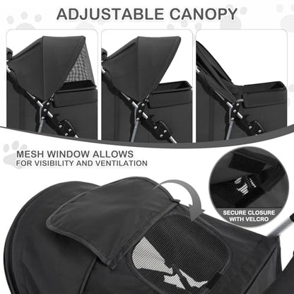 MoNiBloom Foldable Pet Stroller with Weather Cover, 3 Wheels Pet Strolling Cart for Small/Medium Dogs and Cats with Storage Basket and Cup Holder, Breathable and Visible Mesh for All-Season, Black - color: Black