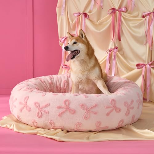 LE SURE Shown on TV Donut Medium Dog Bed - Round Cat Beds for Indoor Calming Bed Gift for Pets, Home Decor Cute Modern Beds with Jacquard Shaggy Plush & Anti Slip Bottom, 30 Inch, Pink Taffy - color: Bow Pink Taffy, size: 30.0"L x 30.0"W x 8.0"Th