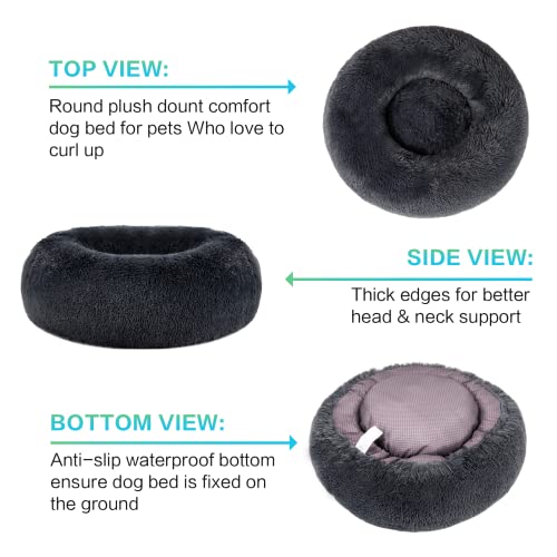 SAVFOX 30 inches Calming Donut Dog Bed - 3X Durable Plush Faux Fur, Machine Washable & Non-Slip, Fits up to 45 lbs, Dark Grey - color: Dark Grey, size: Medium | 30"x30"