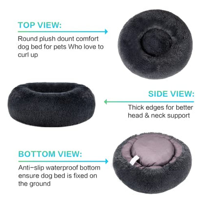 SAVFOX 30 inches Calming Donut Dog Bed - 3X Durable Plush Faux Fur, Machine Washable & Non-Slip, Fits up to 45 lbs, Dark Grey - color: Dark Grey, size: Medium | 30"x30"