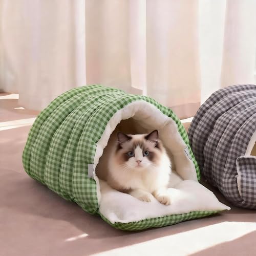 Small Cat Dog Cave Bed Calming Pet Nest Warm Plush Covered Cat House with Hooded Blanket Removable Hooded Blanket Cushion Washable Soft Calming Indoor Cat Bed(Green, Small) - color: Green, size: Small