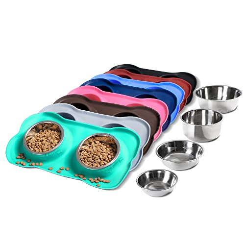 Hubulk Pet Dog Bowls 2 Stainless Steel Dog Bowl with No Spill Non-Skid Silicone Mat + Pet Food Scoop Water and Food Feeder Bowls for Feeding Small Medium Large Dogs Cats Puppies (Medium, Mint Green) - color: Mint Green, size: Medium