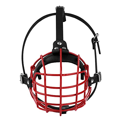 Pitbull Dog Muzzle Metal Mask Amstaff Secure Wire Basket Adjustable Durable Leather Straps for Large Dogs (Red) - color: Red