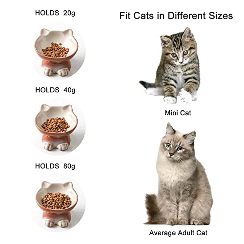 Nihow Elevated Cat Bowls,5 Inch Ceramic Raised Cat Food and Water Bowl Set | Slanted,Whisker Friendly,for Protecting Pet's Spine,Microwave & Dishwasher Safe ,Elegant Brown 4.5 OZ, Set of 2 - color: Brown, size: 4.5 OZ+8 OZ