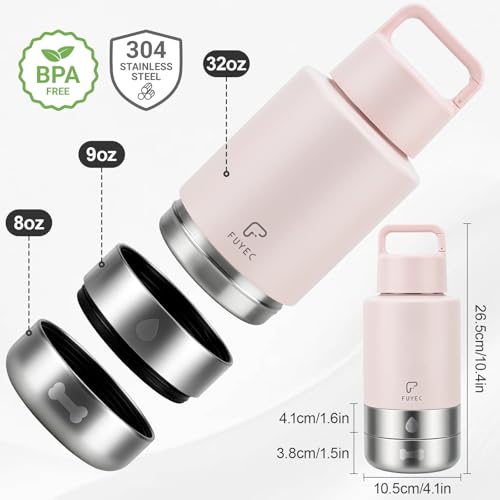 Dog Water Bottle 32oz, Insulated Stainless Steel Travel Water Dispenser with 2 Detachable Dog Bowls for Food and Water, Leak Proof Portable Pet Drinking Cup for Walking Hiking Camping - color: pink