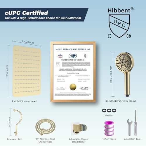 Hibbent All Metal CUPC Certified Shower Head, 10'' High Pressure Rainfall Shower Head, Handheld Showerhead Combo, 12'' Adjustable Extension Arm, 10 Sprays, 71'' Hose, Shower Holder, Polished Brass - color: Polished Brass, style: Square 10''