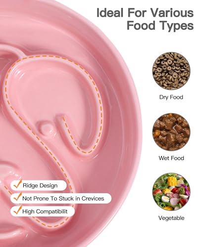 Slow Feeder Dog Bowl, Ceramic Dog Bowls 1.5 Cup Puzzle Feeder - Stops Fast Eating, Prevents Bloat, Choking & Black Chin for Medium/Large Dogs, Pink﻿ - color: Pink