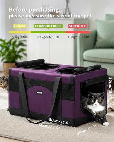 Pecute Dual Compartment Pet Carrier for Multi-Cat Families & Small Dog Owners, Collapsible Dog Crate with Reinforced Steel Frame, Car Safety Design for Travel, Vet Visits & Home Use, Purple - color: Purple