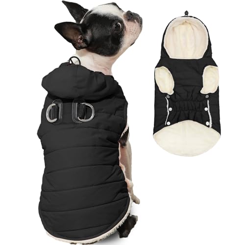 Vecomfy Fleece Lining Dog Hoodie with Harness Built in,Extra Warm Small Dog Jacket in Winter Puppy Coats with Drawstring Hooded,Black XS - color: Black(Harness Built in), size: X-Small (Pack of 1)