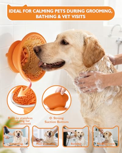 Dog Lick Bowl, Non-Slip Slow Feeder Licking Mat & Treat Dispenser (Wide Bowl Mouth w/Inlaid Stainless Steel Ring) - Interactive Toys, Anxiety Reducer, Freeze Bone for Dogs, BPA Free Silicone - color: orange