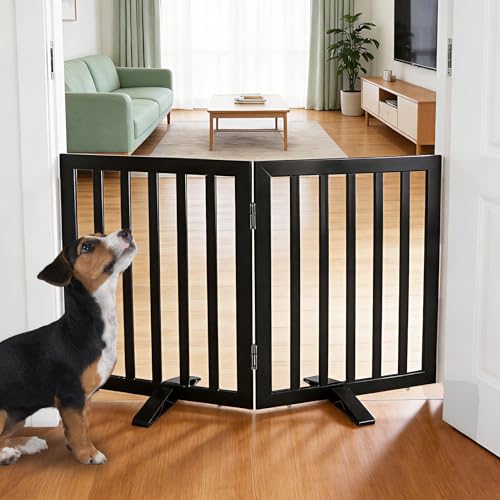 ZJSF Freestanding Indoor Dog Gate for House Foldable Wood Puppy Gate for Doorways Pet Gate for Stairs Extra Wide Pet Fence, Black, 24" Height 2 Panels - color: Black, size: 【2 Panels】40''w x 24''h