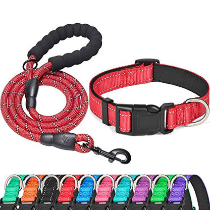 Ladoogo Reflective Dog Collar Padded with Soft Neoprene Breathable Adjustable Nylon Dog Collars for Small Medium Large Dogs (X-Small (Pack of 1), Red Collar+Leash) - color: Red Collar+Leash, size: X-Small (Pack of 1)