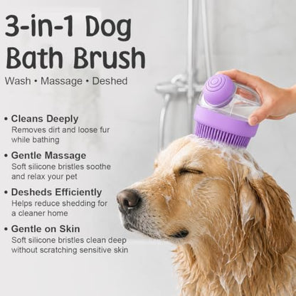 Dog Bath Brush with Shampoo Dispenser | Silicone Pet Grooming Scrubber for Dogs Cats and Puppies | Rubber Curry Tool for Bathing Deshedding and Massage | Easy Grip One Handed Design - color: Purple