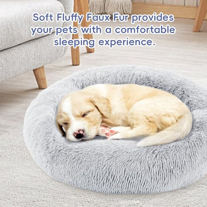 FluffyDream 20 inch Round Donut Bed, Plush Fur Cuddle Bed for Dogs and Cats, Grey, Washable - color: Grey, size: Donut - 20''L x 20''W x 8''H