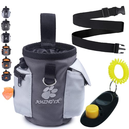 AMZNOVA Dog Treat Bag Treatnow Dog Treat Pouch, Training Pouch with Waist Belt & Clicker for Training & Walking, Waist Clip On Snack Fanny Pack for Pet, 3Cups, Grey - color: Grey