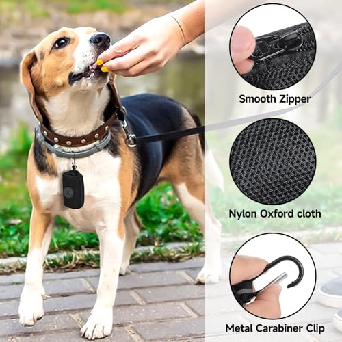 Black Dog Poop Bag Holder for Leash, Soft Fabric Zipper Doggy Waste Dispenser with Large Opening, Slim Pet Poop Carrier with Metal Carabiner Clip for Retractable Leash Walking Accessories (Black)