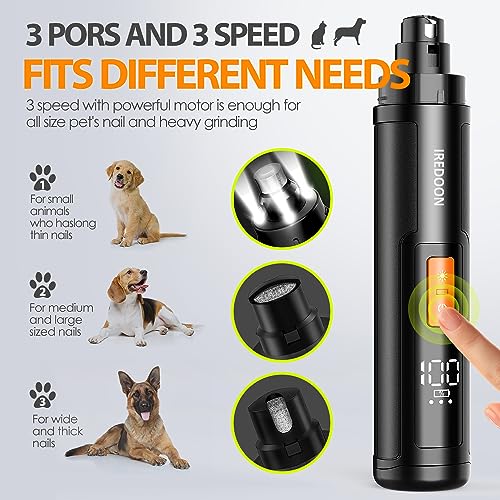 IREDOON Dog Nail Grinder Upgraded - Professional 3-Speed Super Quiet and Low Vibration Electric Pet Nail Grinder with 4 LED Lights - Painless Paws Grooming & Smoothing for Small to Large Dogs (Black) - color: Black